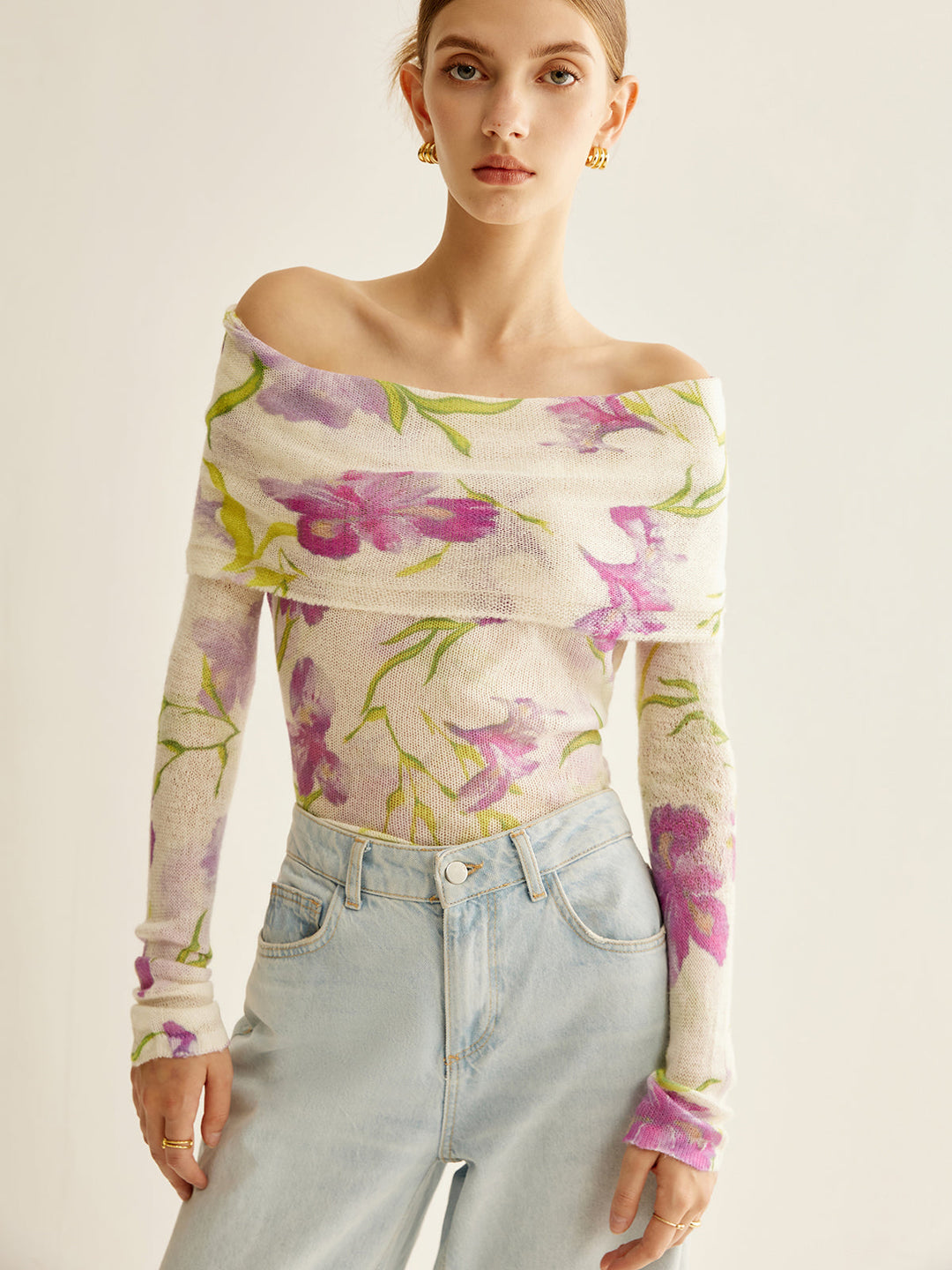 Romance Omuz Açık Baskılı Örgü Üst