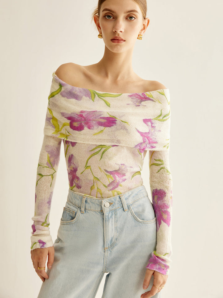 Romance Omuz Açık Baskılı Örgü Üst