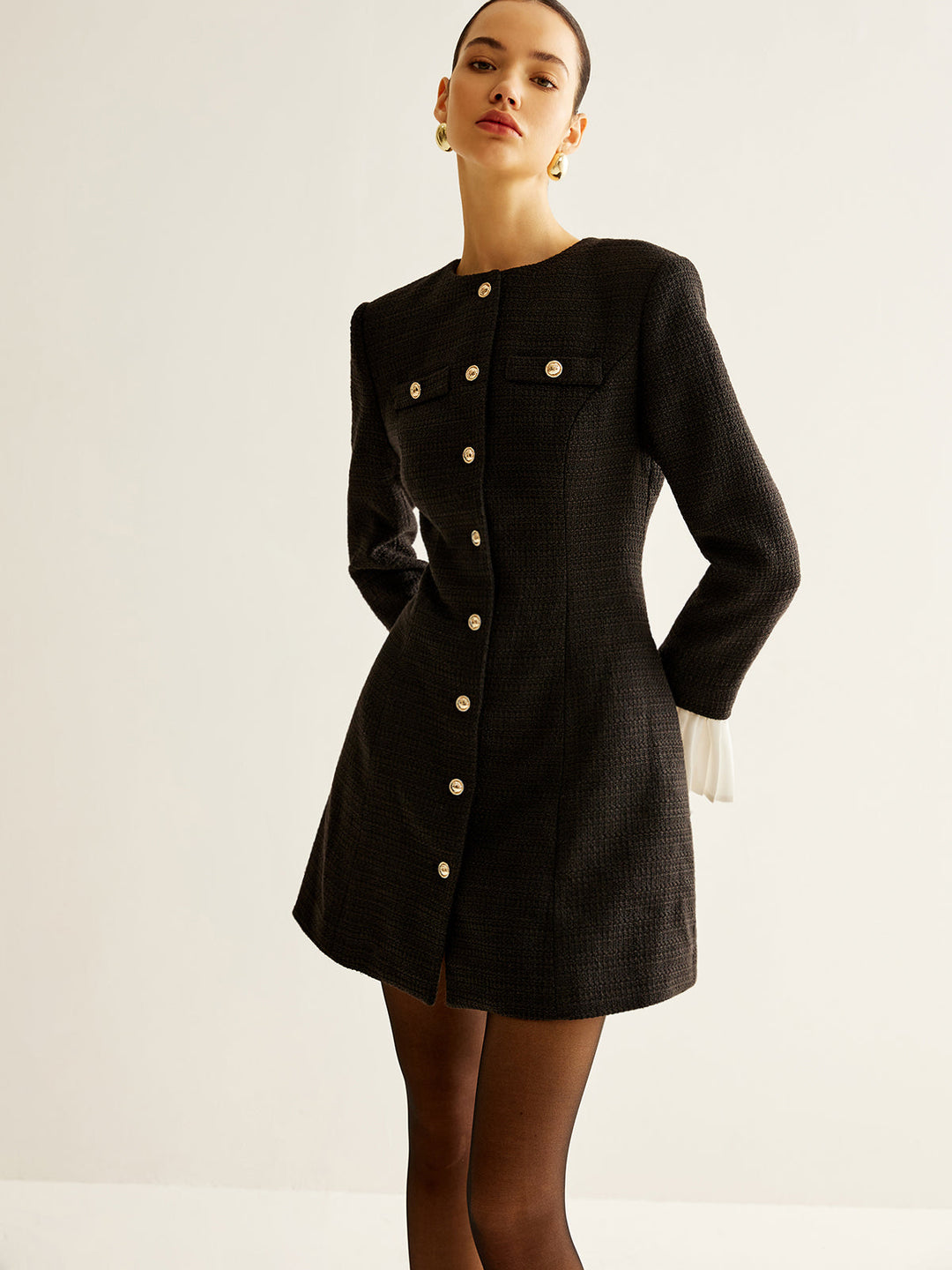 Plise Manşetli Tweed Göğüslü Elbise