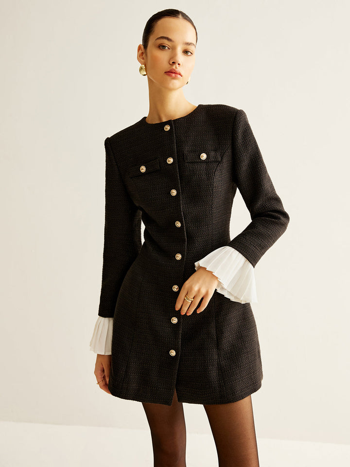 Plise Manşetli Tweed Göğüslü Elbise