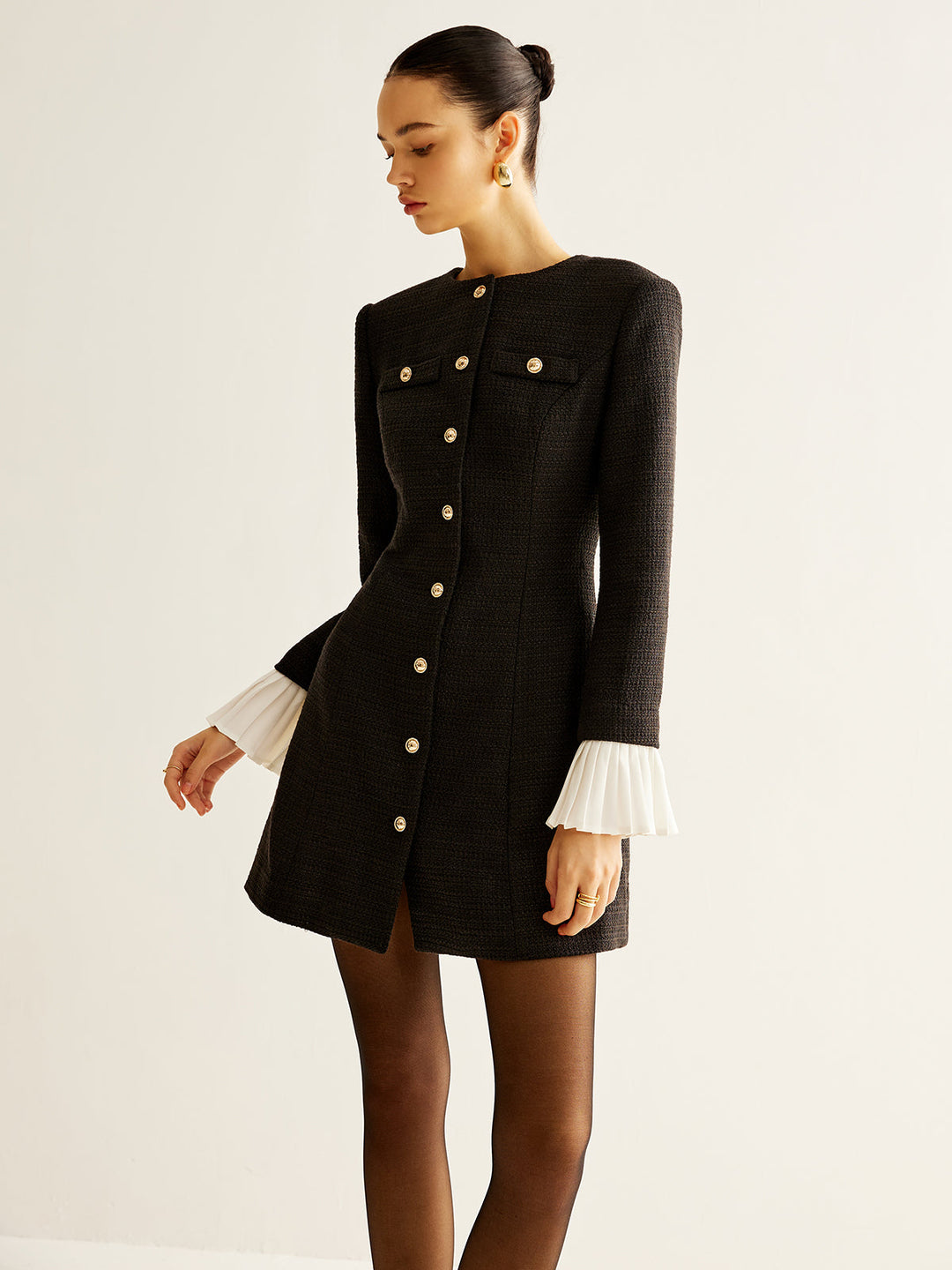 Plise Manşetli Tweed Göğüslü Elbise