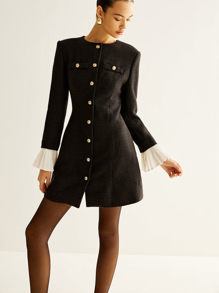 Plise Manşetli Tweed Göğüslü Elbise
