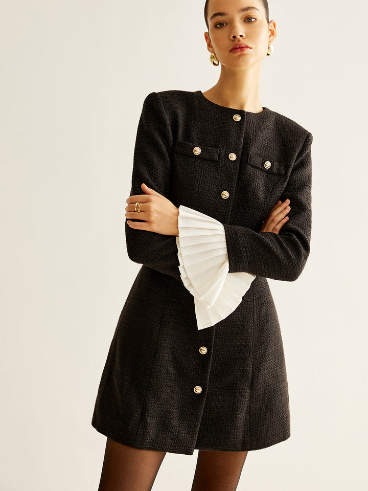 Plise Manşetli Tweed Göğüslü Elbise