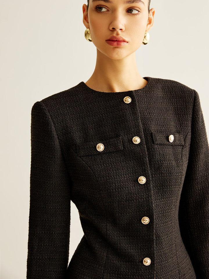 Plise Manşetli Tweed Göğüslü Elbise