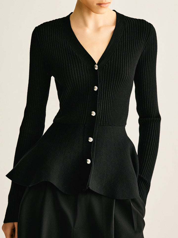 Büyük Boy Yivli Panel Tomurcuk Bel Düğmeli Örgü Üst