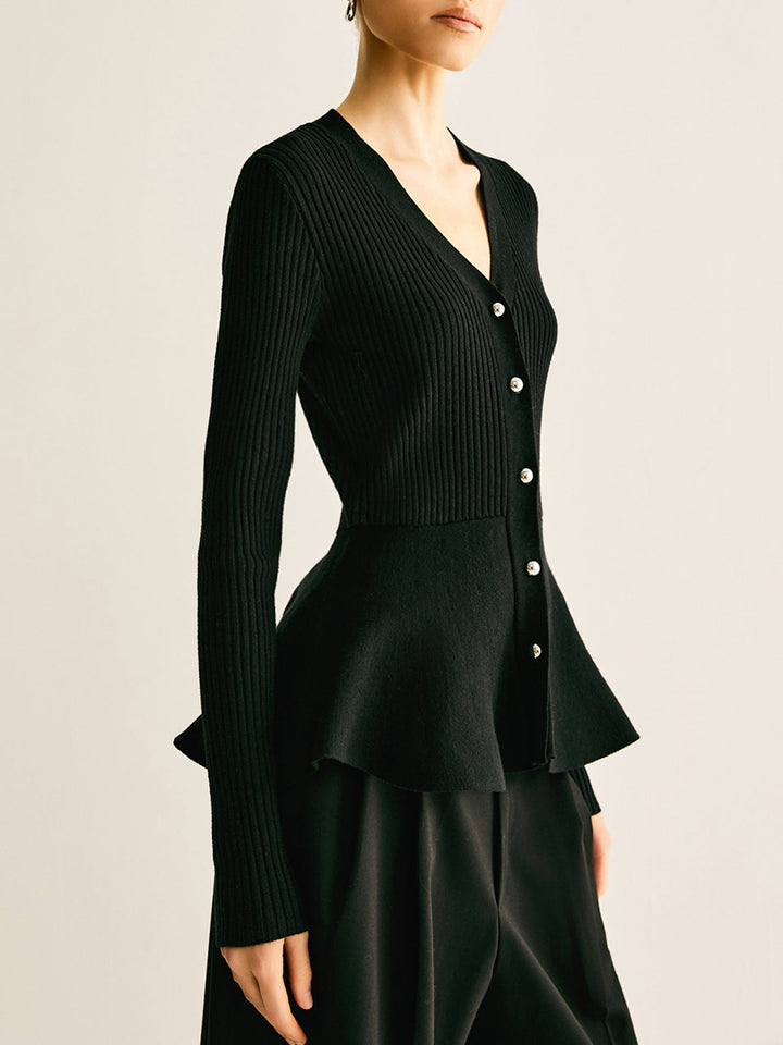 Büyük Boy Yivli Panel Tomurcuk Bel Düğmeli Örgü Üst