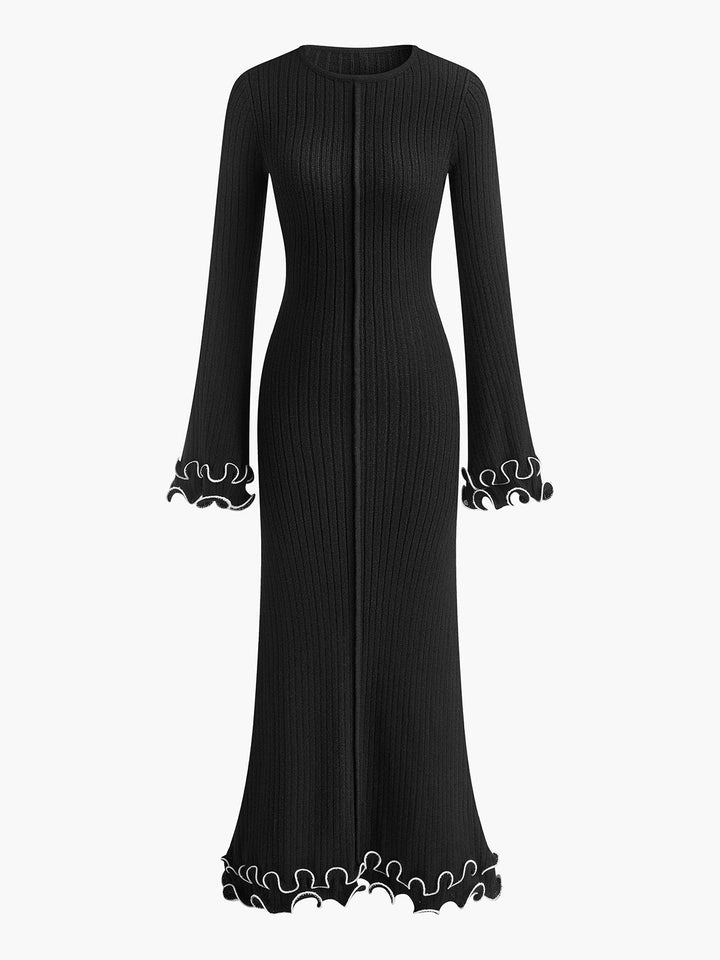 Yarı Şeffaf Kenarlı Volanlı Bağcıklı Örgü Elbise