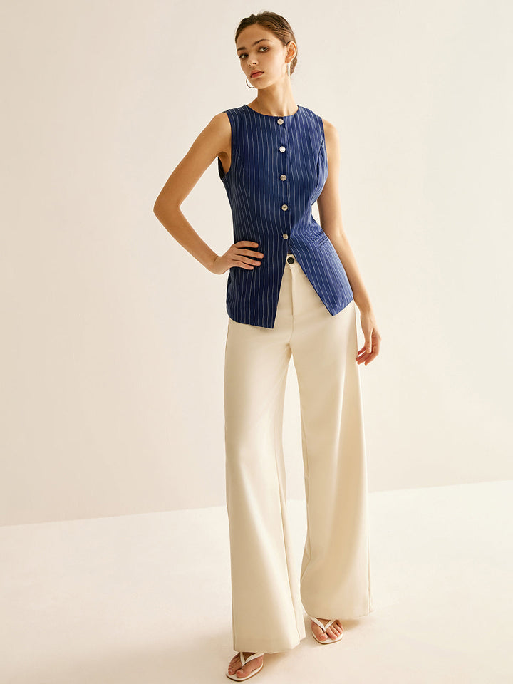 Pinstripe Düğmeli Kolsuz Gömlek