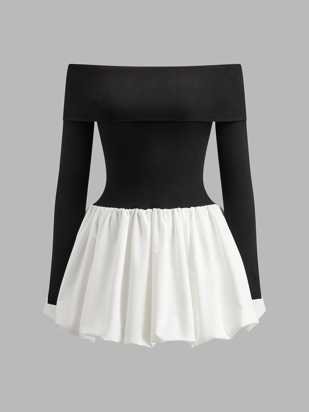 İki Ton Omuz Açık Kabarık Kısa Elbise