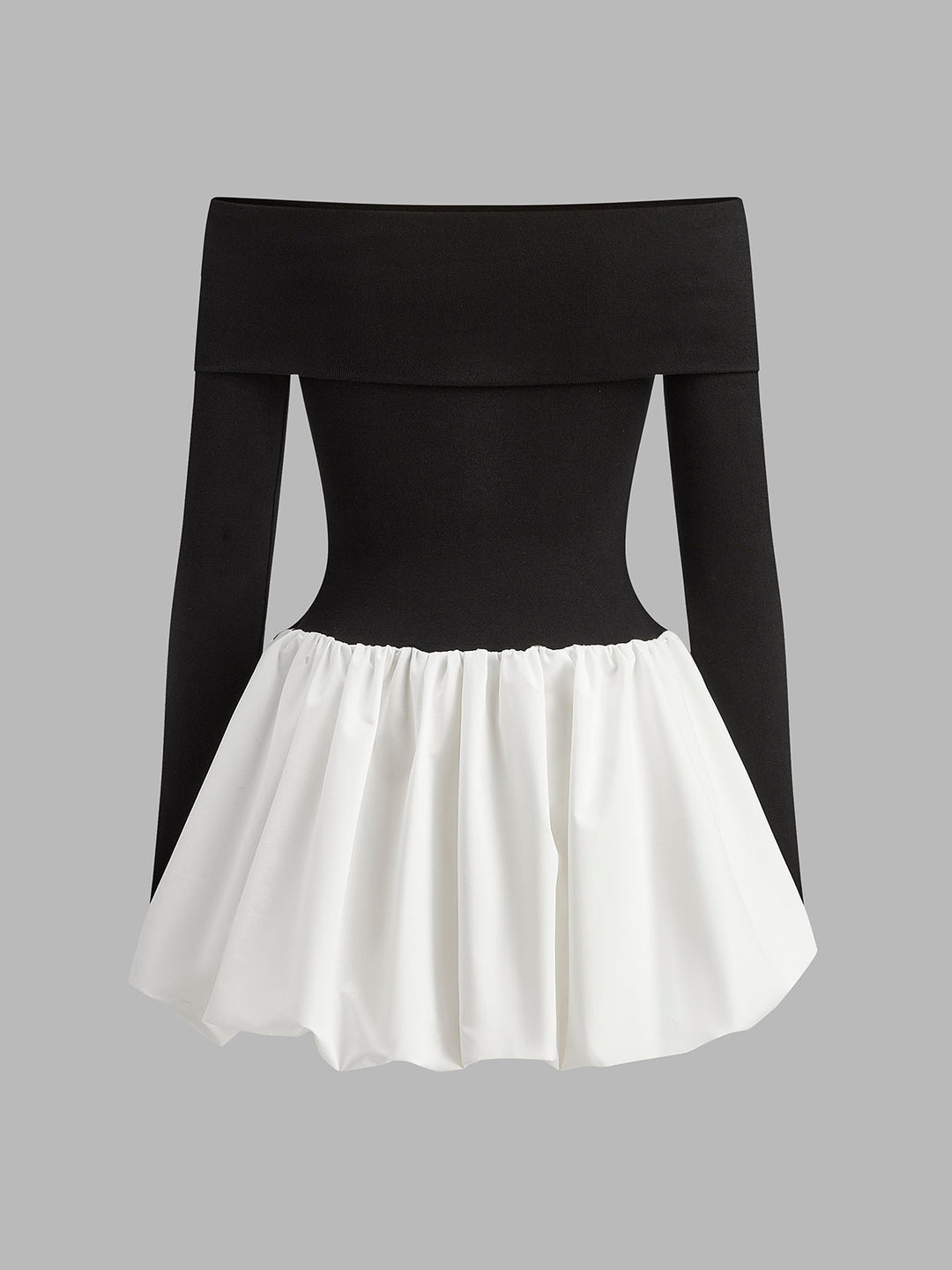 İki Ton Omuz Açık Kabarık Kısa Elbise