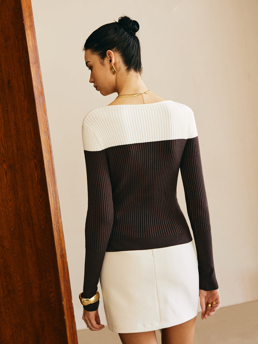 Asimetrik Renk Bloklu İnce Kazak