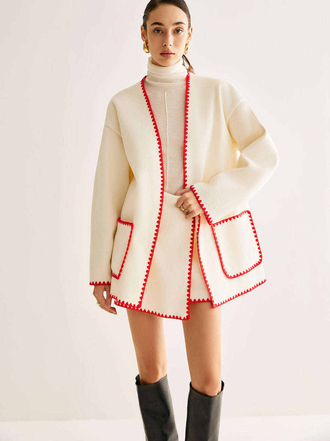 İşlemeli Kenarlı Tweed Palto