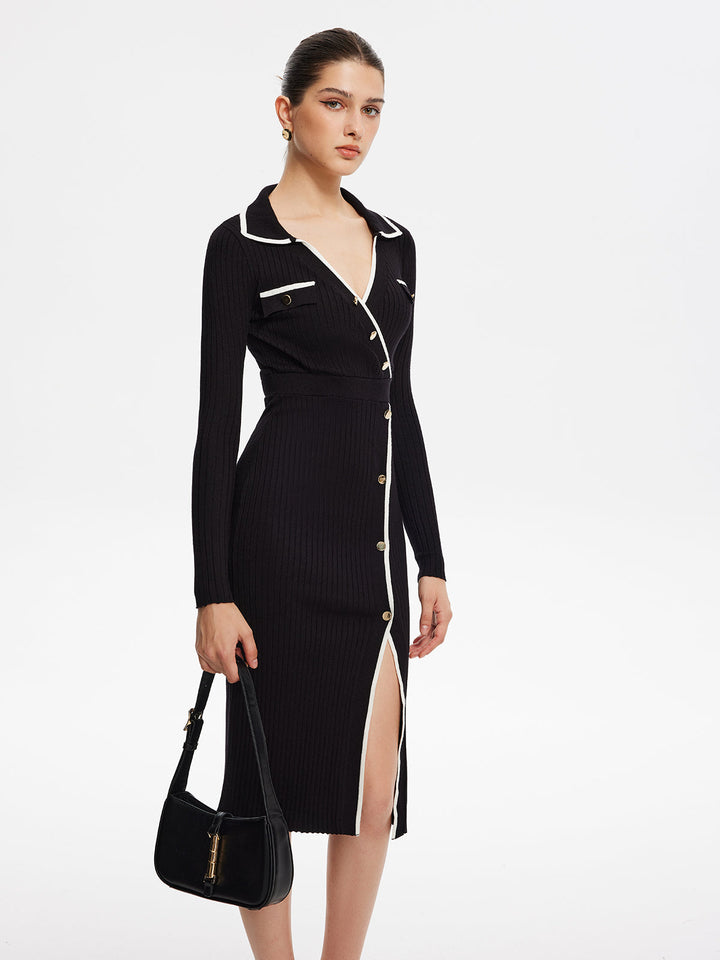 Kontrast Trim Sarma Midi Örgü Elbise