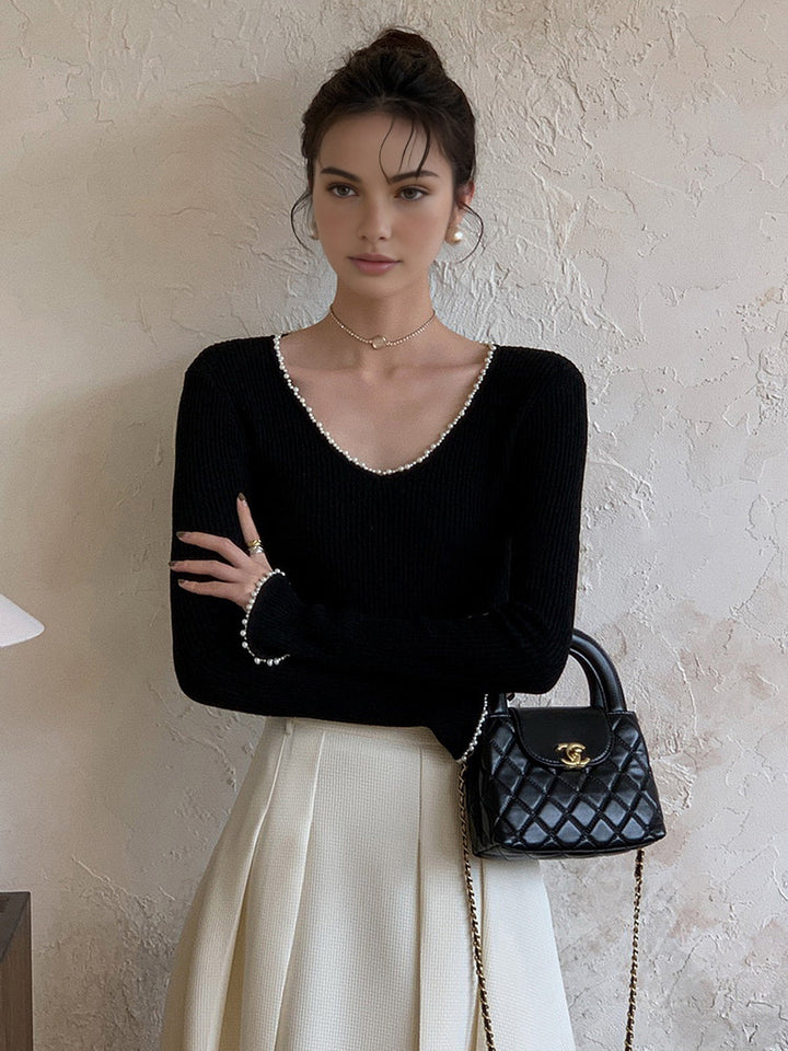 V Yaka İnci Detaylı Örgü Üst