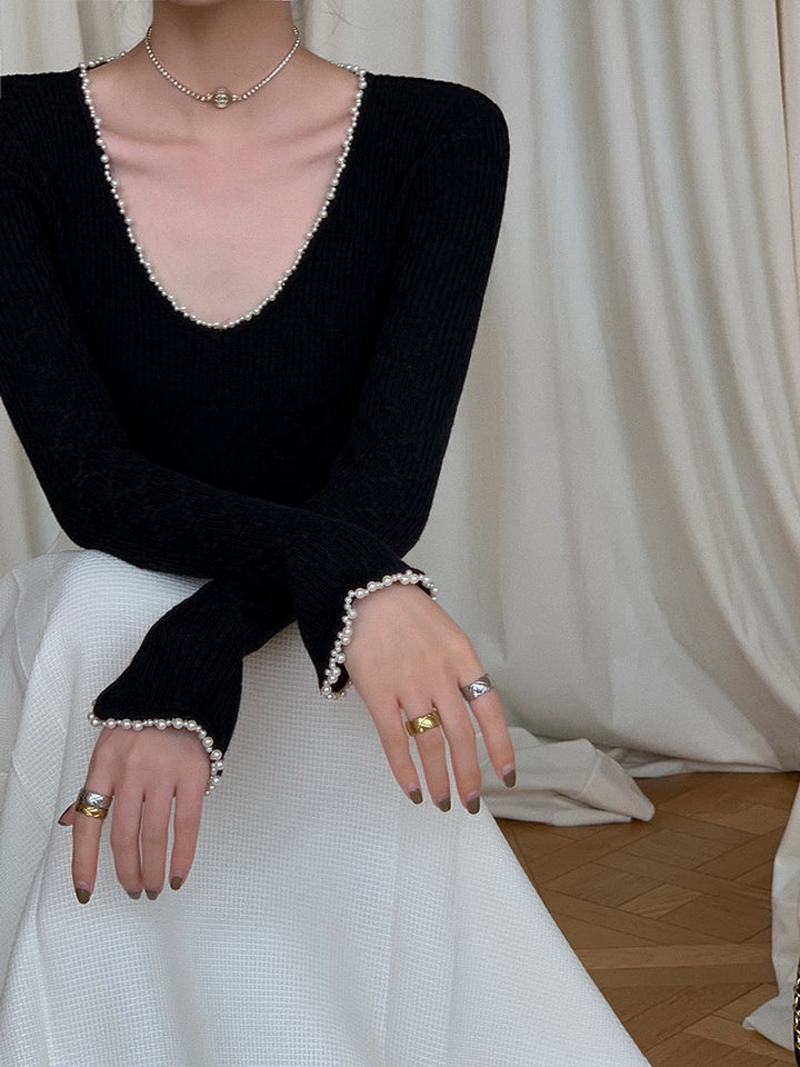 V Yaka İnci Detaylı Örgü Üst