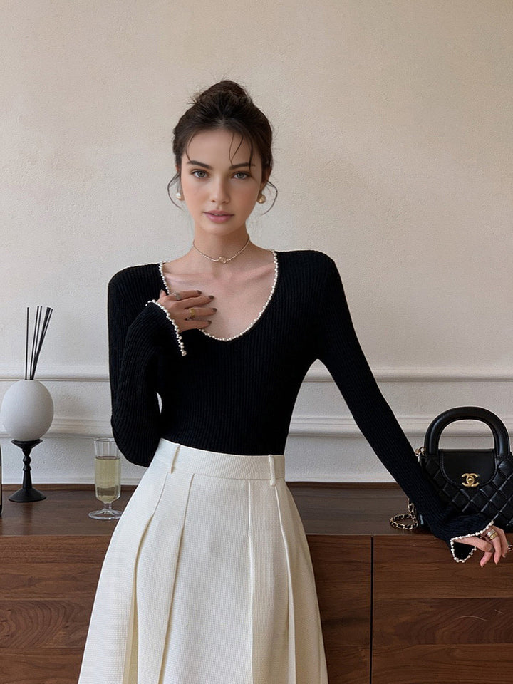 V Yaka İnci Detaylı Örgü Üst