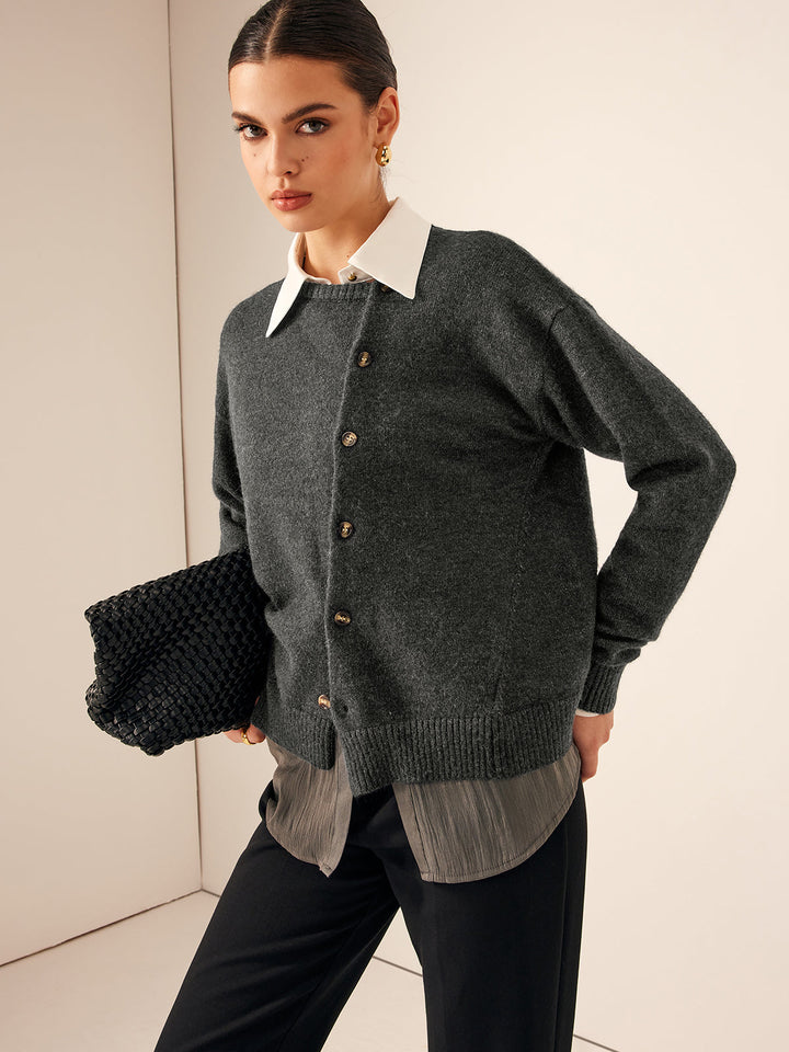 Asimetrik Düğmeli Yuvarlak Yaka Hırka