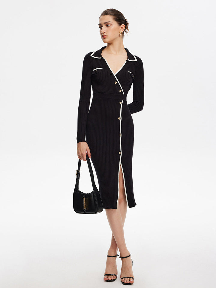 Kontrast Trim Sarma Midi Örgü Elbise