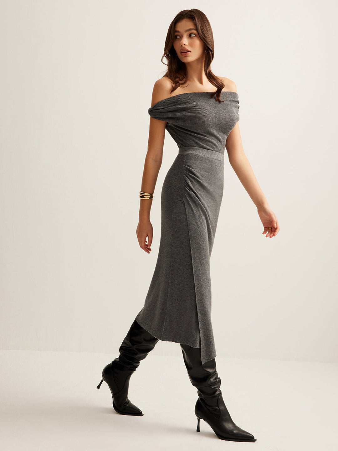 Yün Karışımlı Buruşuk Kazak Etek Takımı