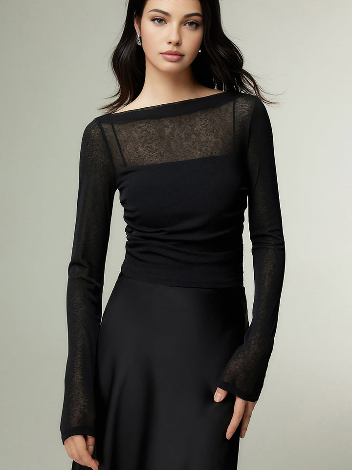 Düz Yaka Şeffaf Panel Jersey Üst