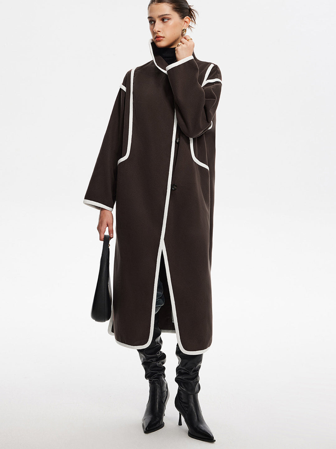 Kontrast Bağlamalı Göğüslü Uzun Palto