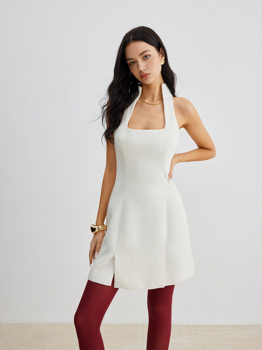 Kare Yaka Tweed Fermuarlı Elbise