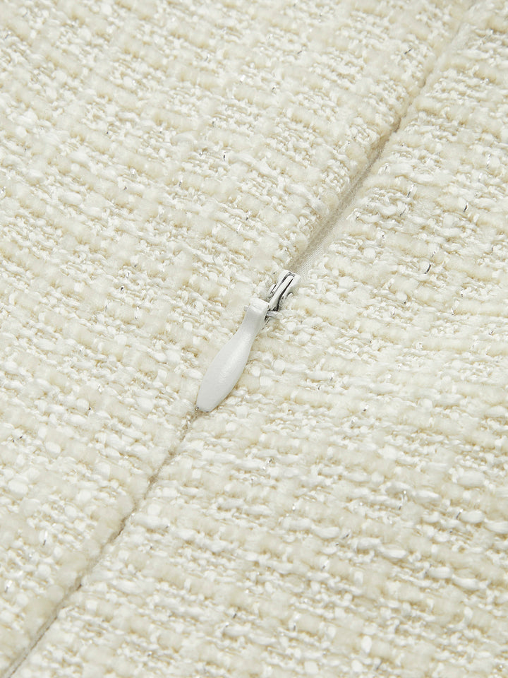 Kontrast Bağlama Detaylı Pliseli Tweed Kısa Elbise