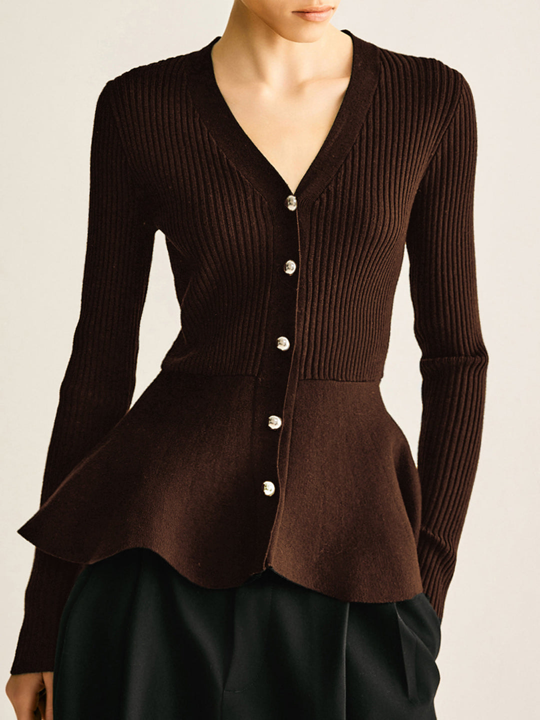 Büyük Boy Yivli Panel Tomurcuk Bel Düğmeli Örgü Üst