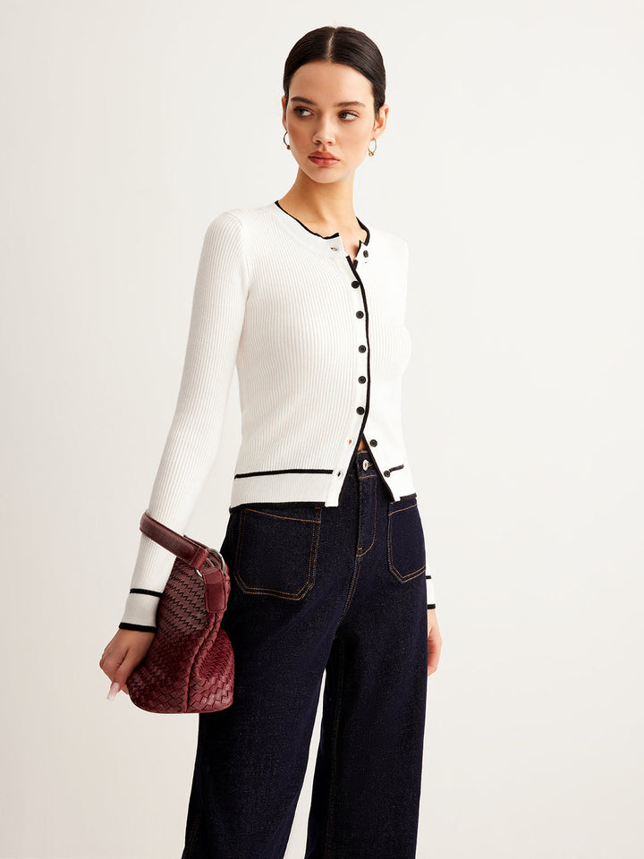 Kontrast Bağlamalı Yivli Düğmeli Hırka