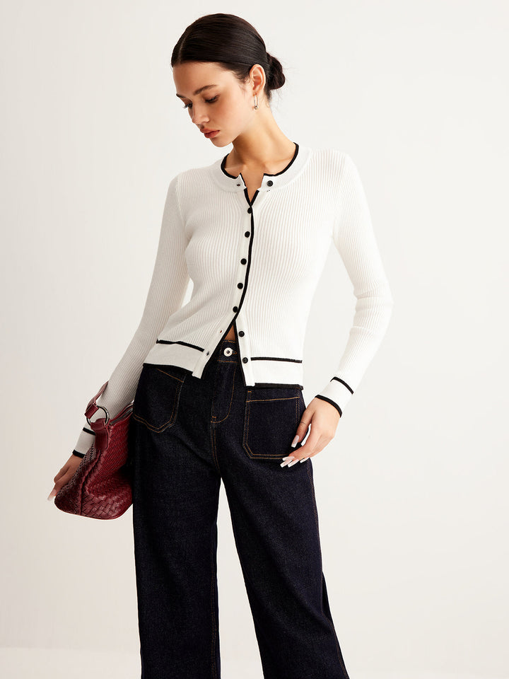 Kontrast Bağlamalı Yivli Düğmeli Hırka