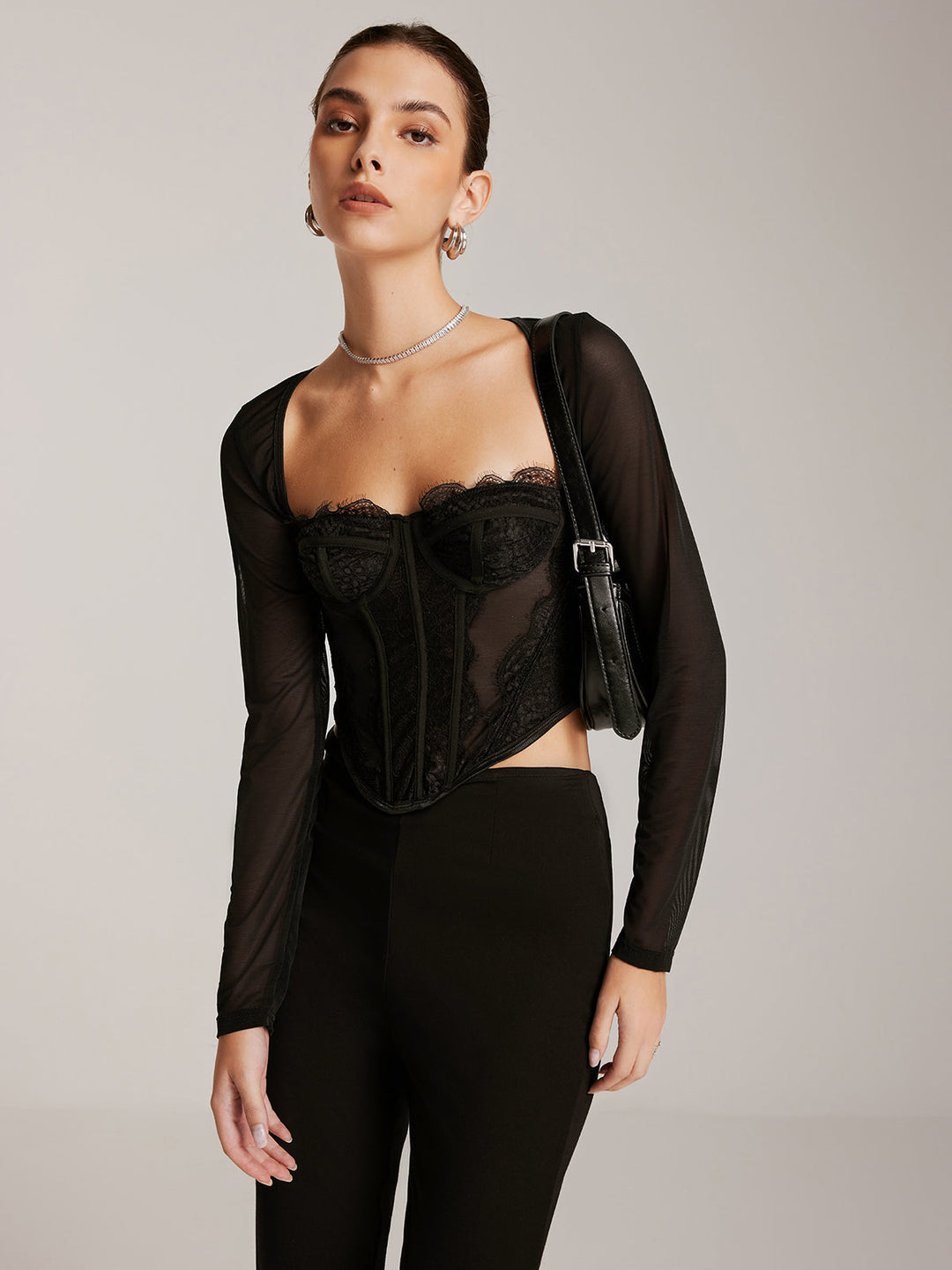 Şeffaf Uzun Kollu Sevgili Dantel İnce Tişört