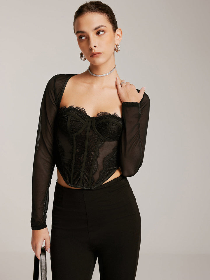 Şeffaf Uzun Kollu Sevgili Dantel İnce Tişört