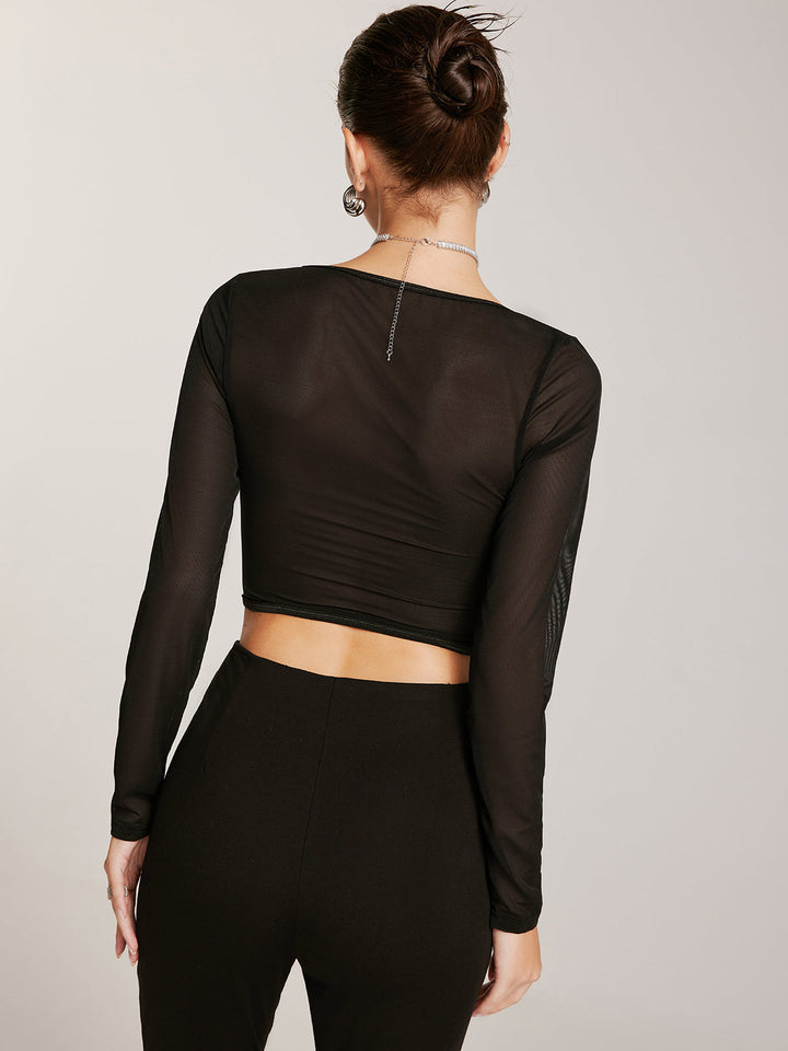 Şeffaf Uzun Kollu Sevgili Dantel İnce Tişört