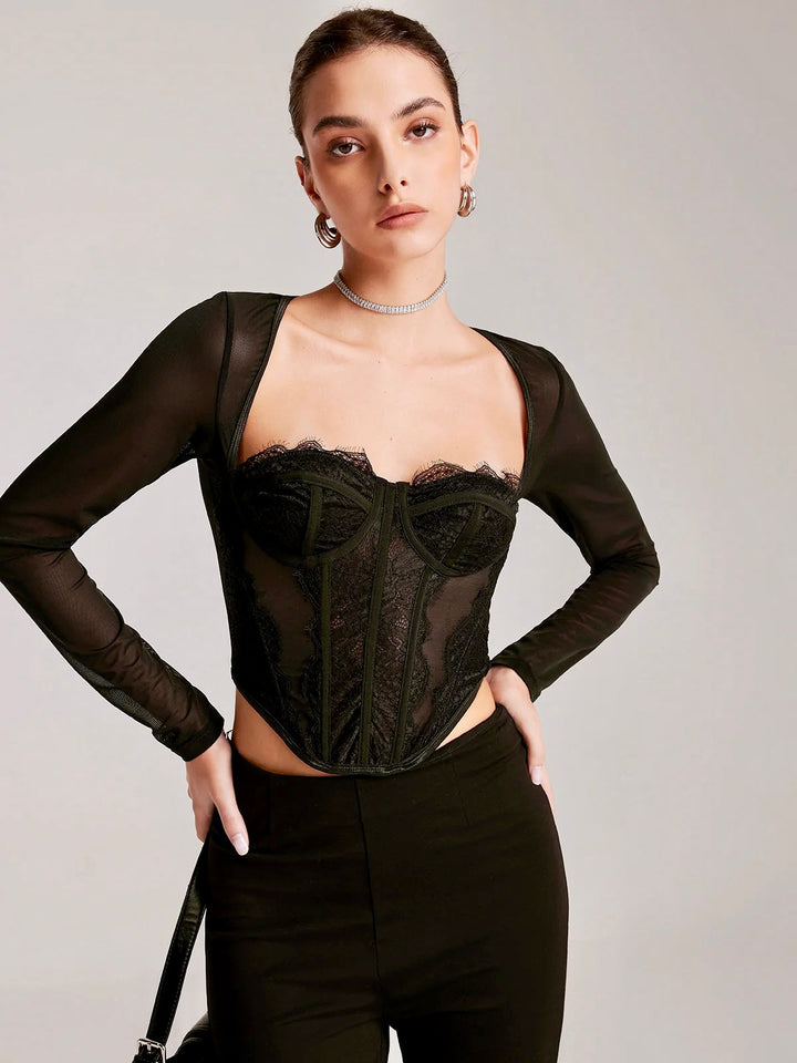 Şeffaf Uzun Kollu Sevgili Dantel İnce Tişört