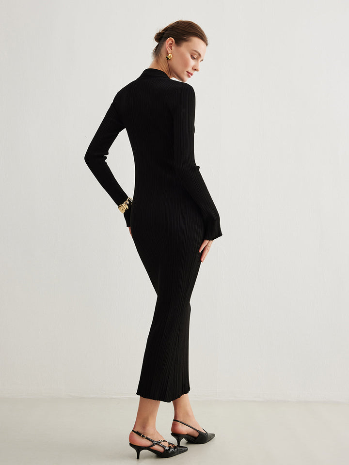 Düğmeli Çan Kollu Kazak Uzun Elbise