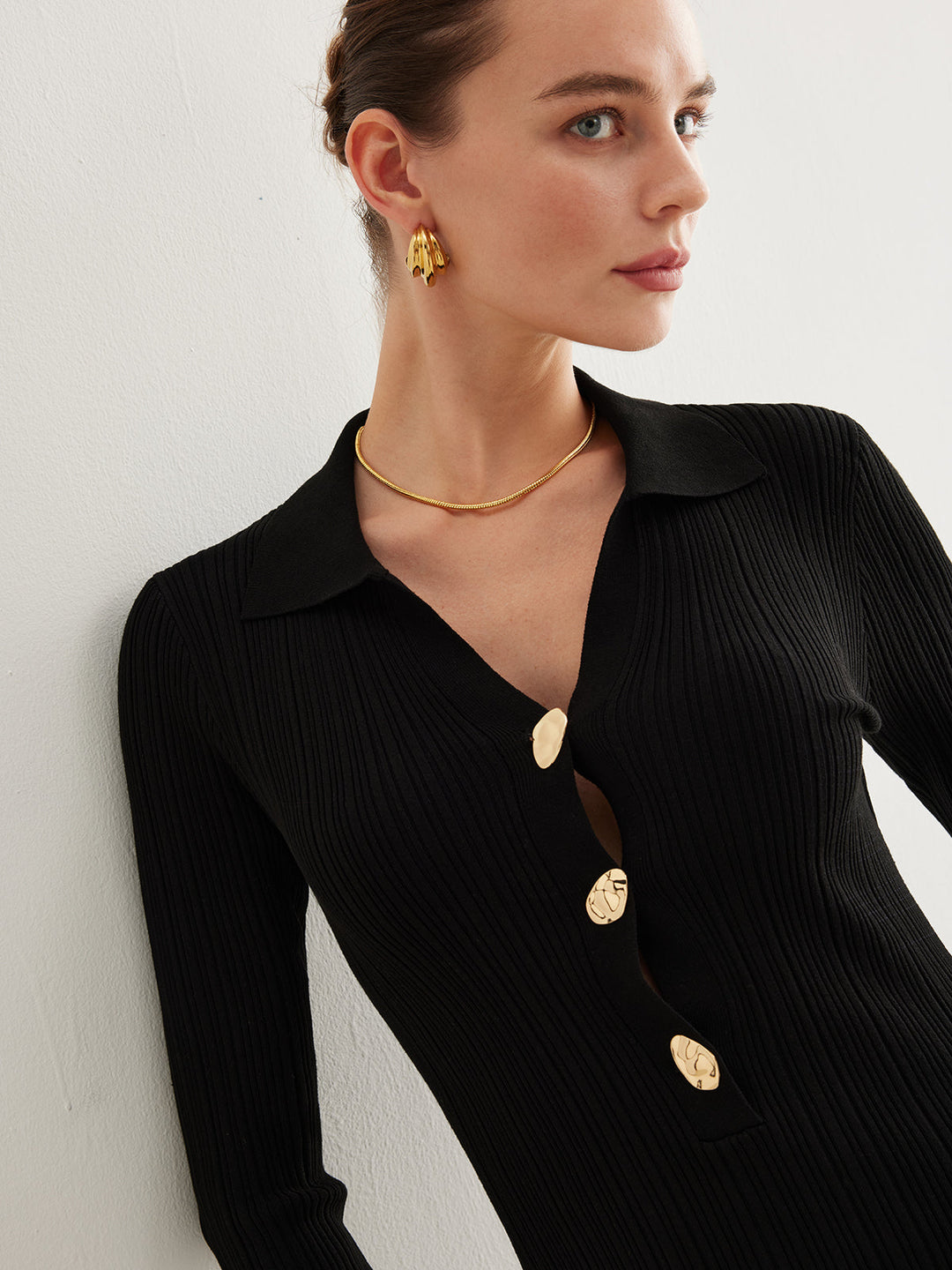 Düğmeli Çan Kollu Kazak Uzun Elbise