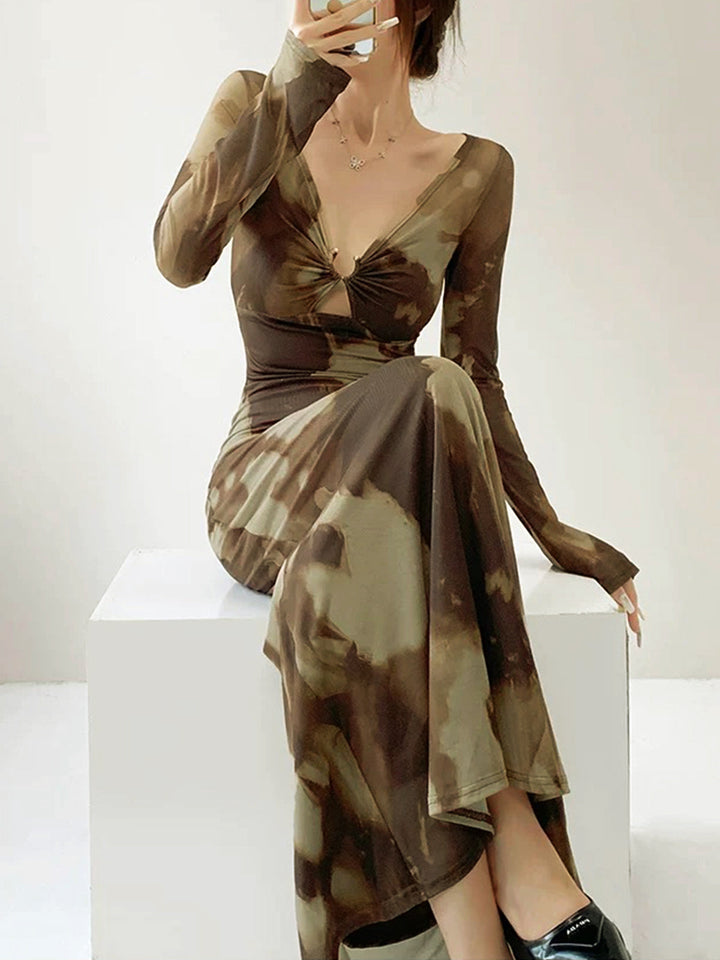 Yarı Şeffaf U-Ring Ombre Slim Elbise