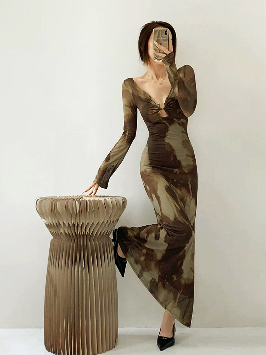 Yarı Şeffaf U-Ring Ombre Slim Elbise