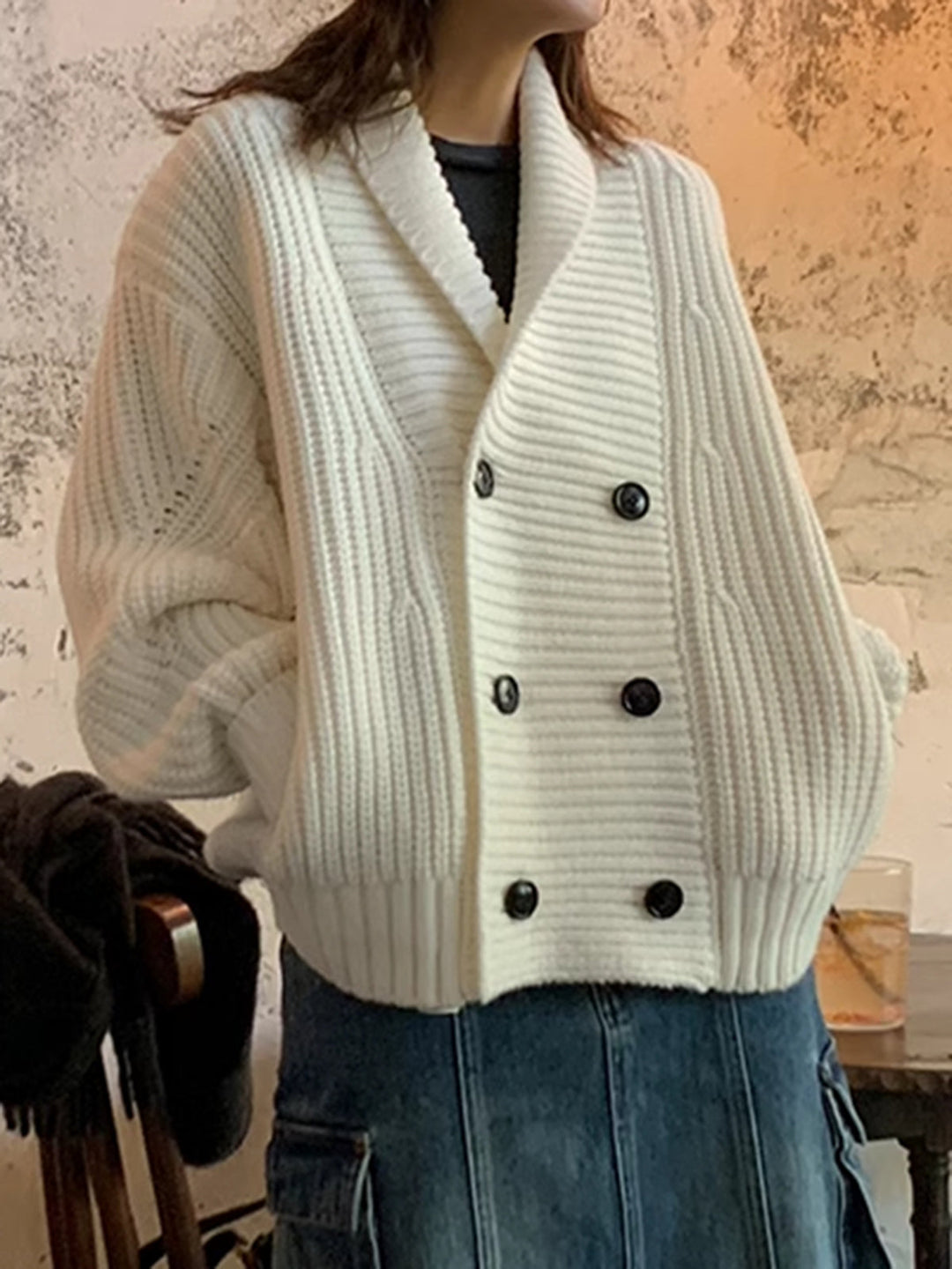 Kaburga Yaka Düğmeli Örgü Dış Giyim