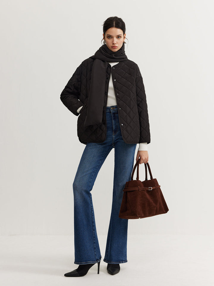 Düz Kapitone Düğmeli Kışlık Mont Ve Eşleşen Atkı