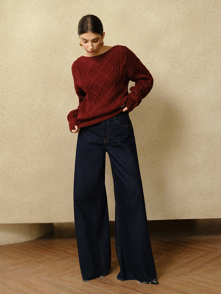 Günlük Yuvarlak Yaka Kablo Örgü Üst