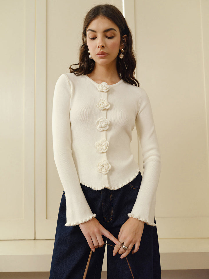 3D Çiçekli Marul Kenarlı Hırka