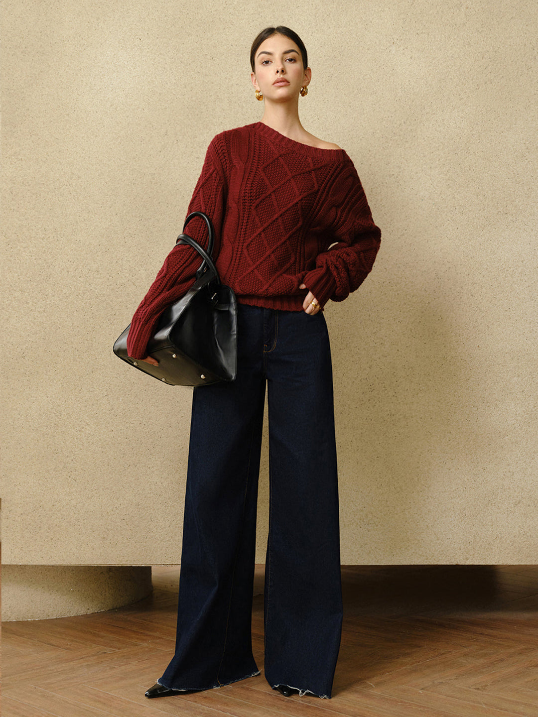 Günlük Yuvarlak Yaka Kablo Örgü Üst