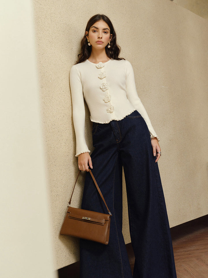 3D Çiçekli Marul Kenarlı Hırka