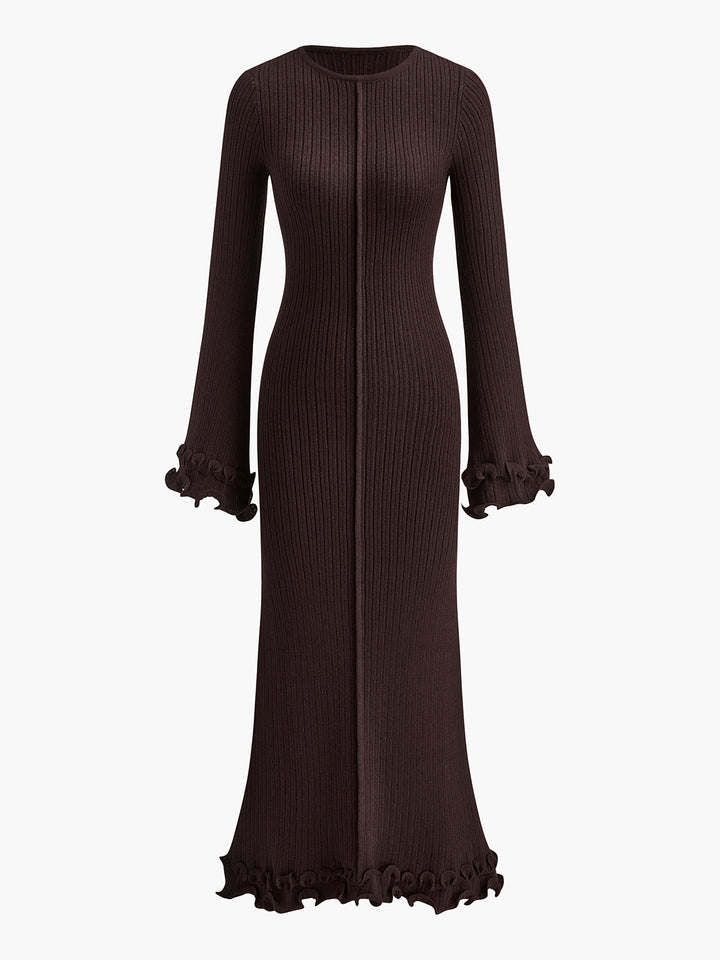 Yarı Şeffaf Kenarlı Volanlı Bağcıklı Örgü Elbise