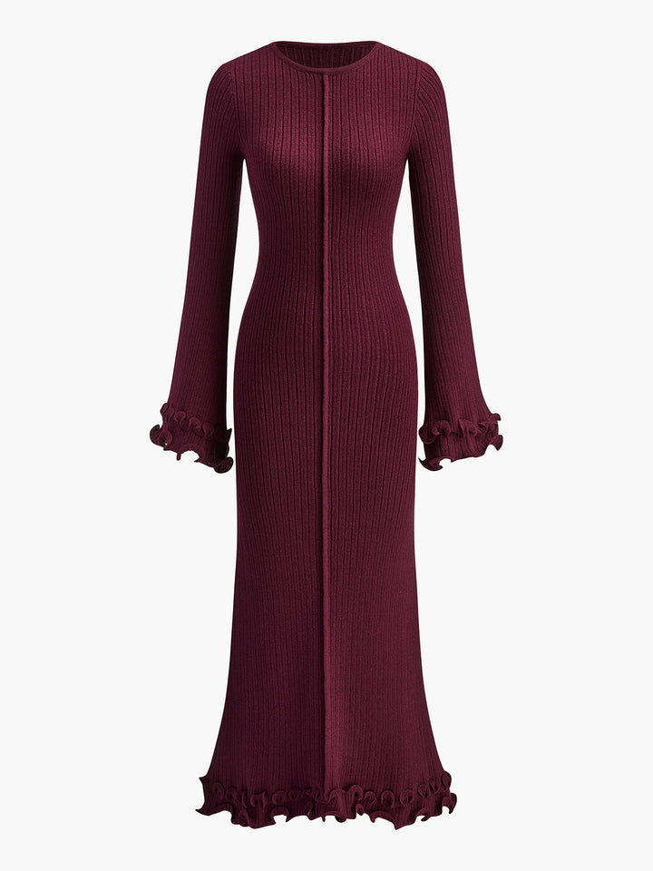 Yarı Şeffaf Kenarlı Volanlı Bağcıklı Örgü Elbise