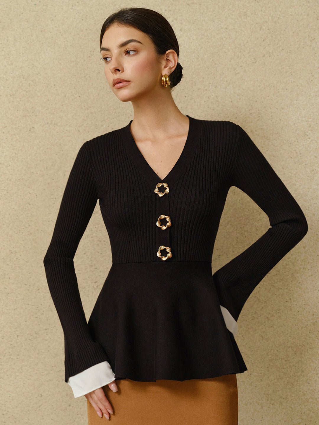 Kontrast Manşetli Volanlı Örgü Üst