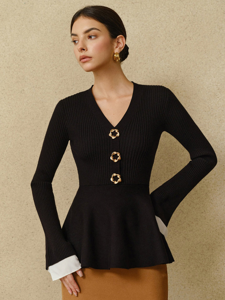 Kontrast Manşetli Volanlı Örgü Üst