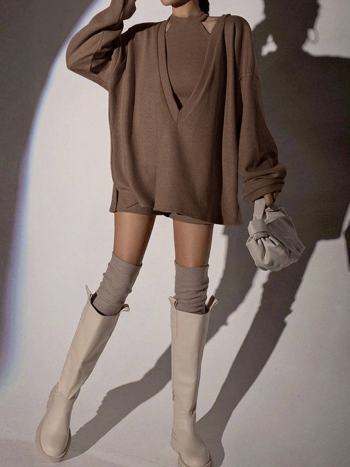 Yelekli Düz Yivli Örgü Sweatshirt