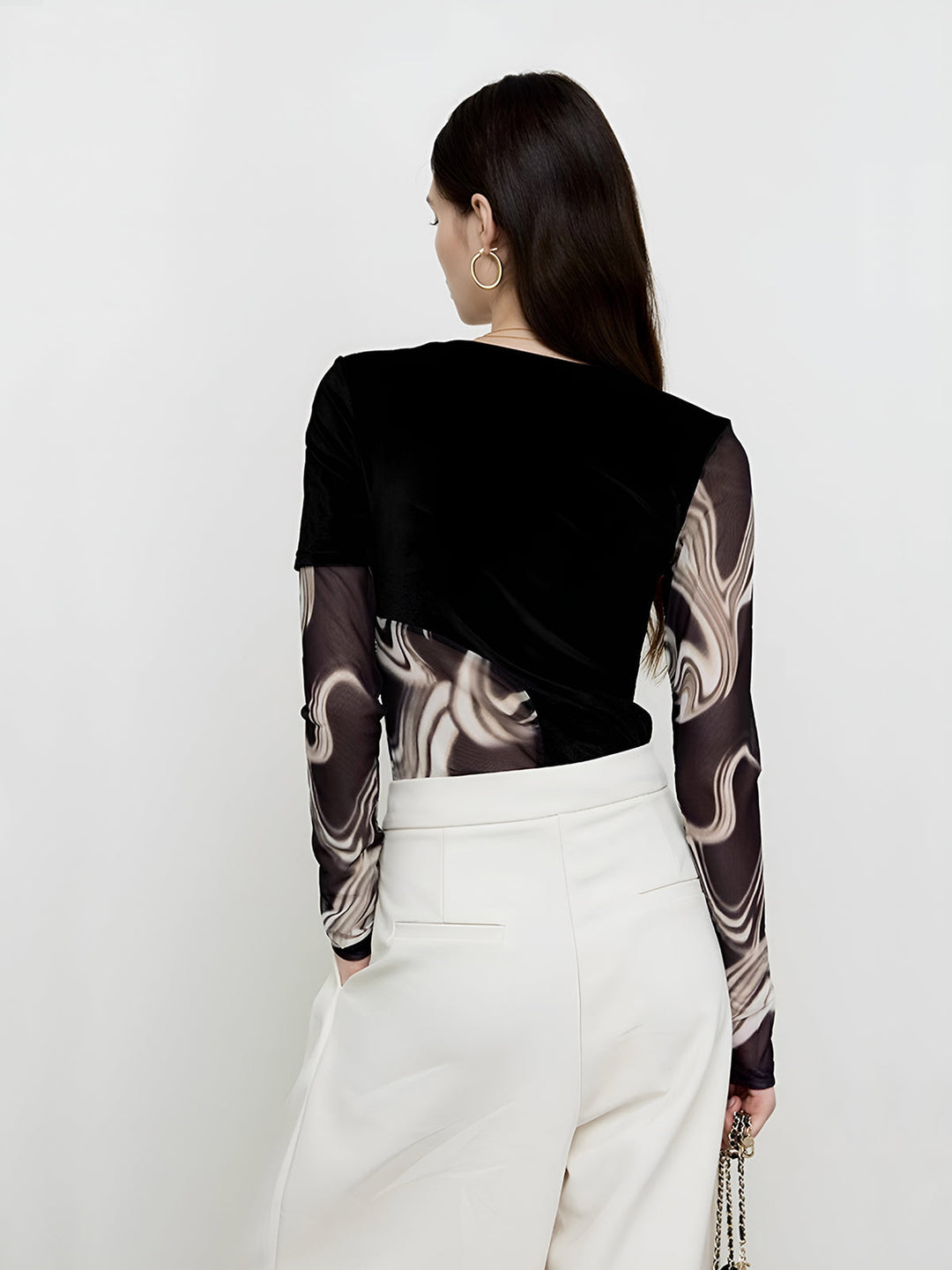 Yarı Şeffaf Geometrik Baskılı File Jersey Üst